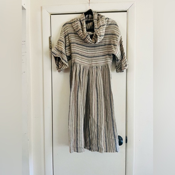Vintage Dresses & Skirts - VTG 70s handmade linen cottagecore Lagenlook striped dress S